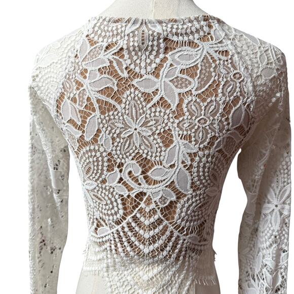 For Love & Lemons Guava Lace Crop Top Size XS Scalloped Hem Long Sleeves - Picture 11 of 14